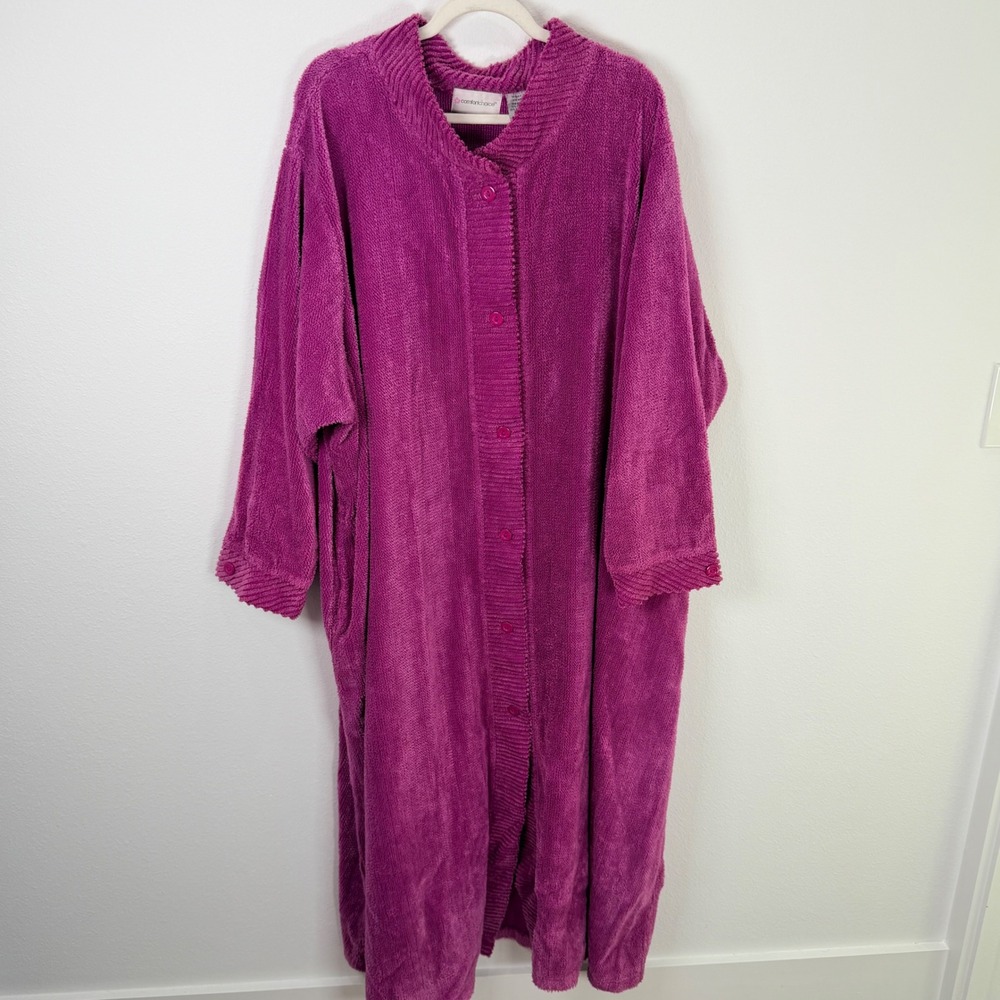 Comfort Choice 4X Fuchsia Thick Terry Cloth Button Front Long Robe Housecoat